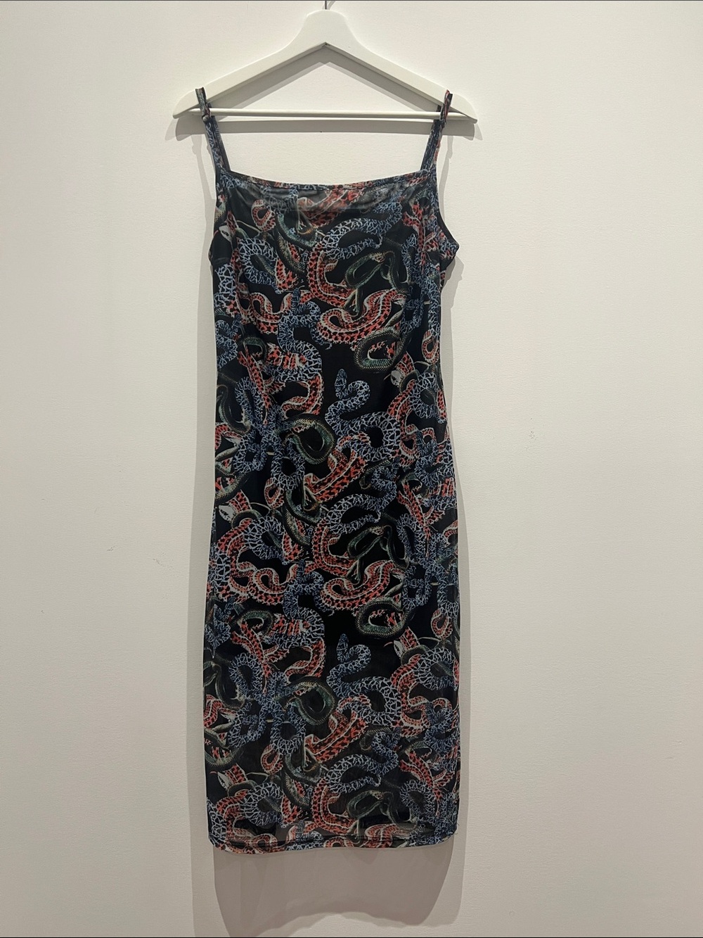 Slip Midi Dress in Black with Multicolor snake Print